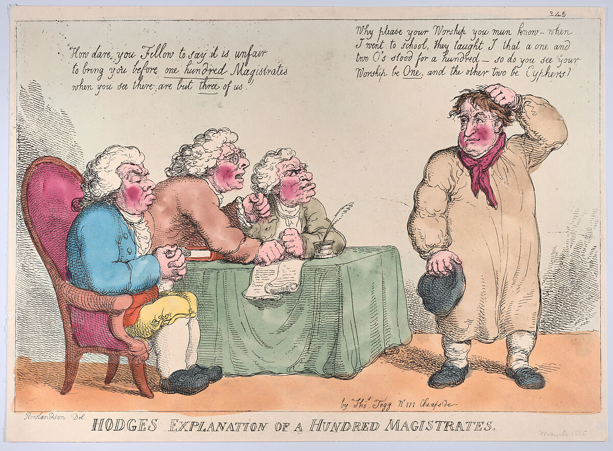 Hodge's Explanation of a Hundred Magistrates, Thomas Rowlandson (British, London 1757–1827 London), Hand-colored etching 