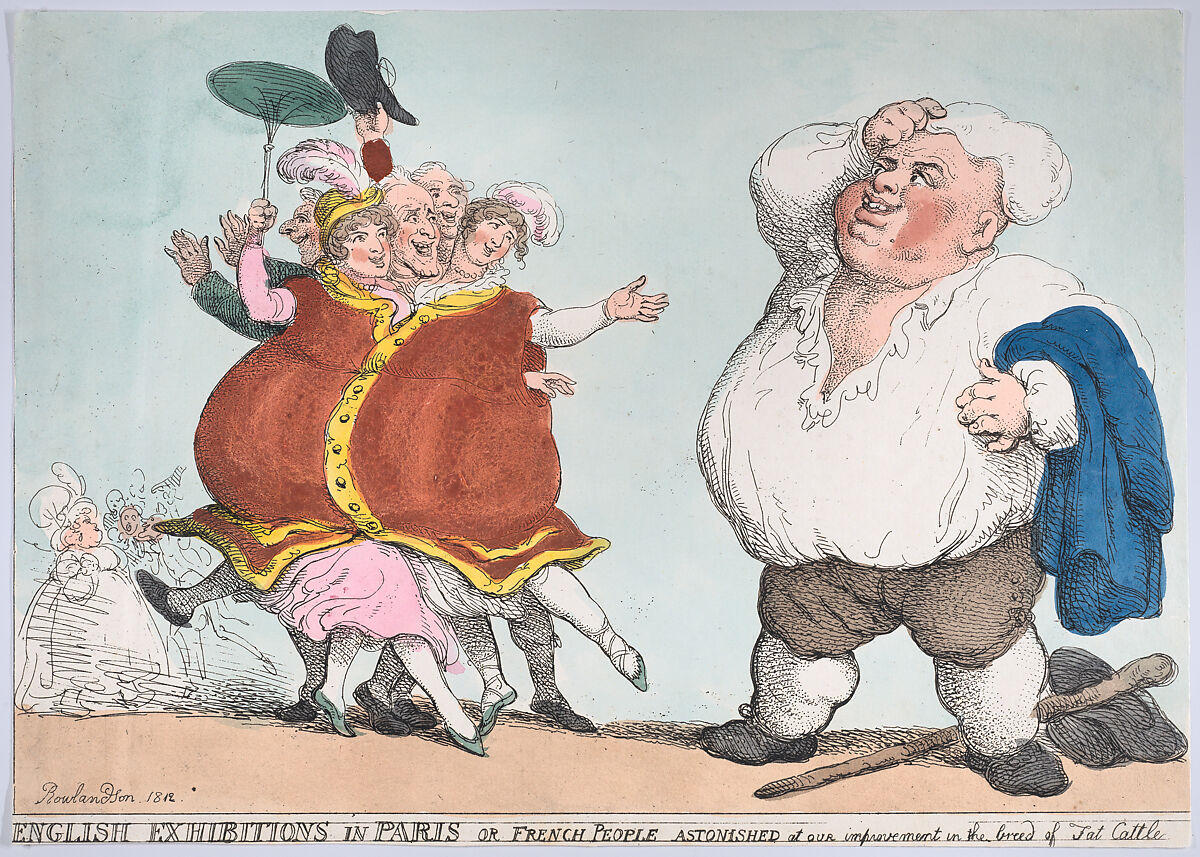English Exhibitions in Paris or French People Astonished at Our Improvement in the Breed of Fat Cattle, Thomas Rowlandson (British, London 1757–1827 London), Hand-colored etching 