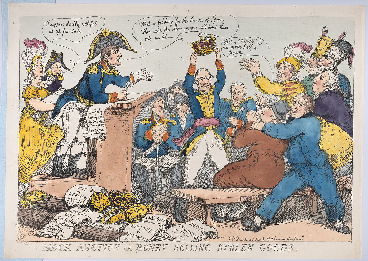 Mock Auction or Boney Selling Stolen Goods, Thomas Rowlandson (British, London 1757–1827 London), Hand-colored etching 