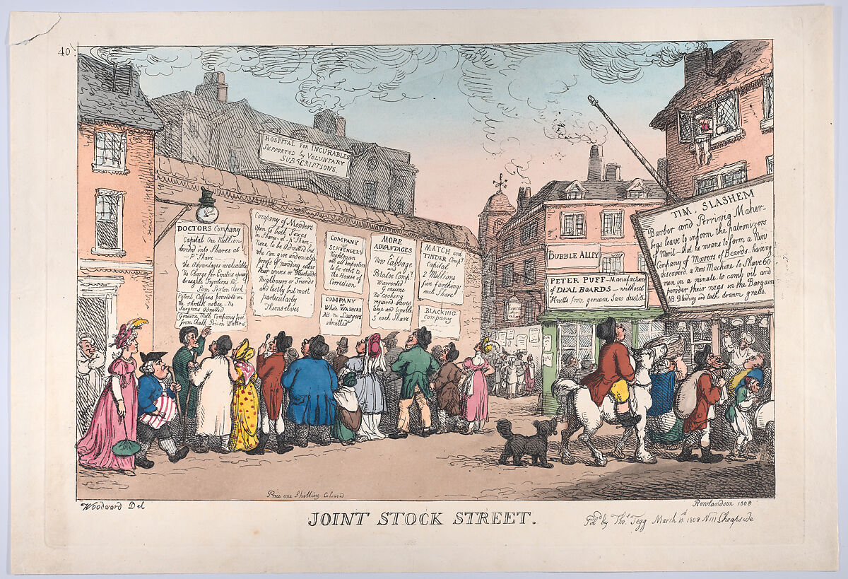 Joint Stock Street, Thomas Rowlandson (British, London 1757–1827 London), Hand-colored etching 