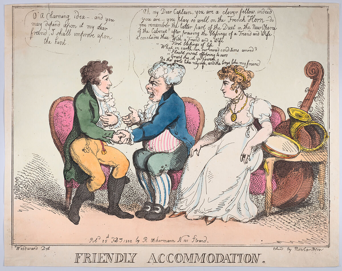 Friendly Accommodation, Thomas Rowlandson (British, London 1757–1827 London), Hand-colored etching 