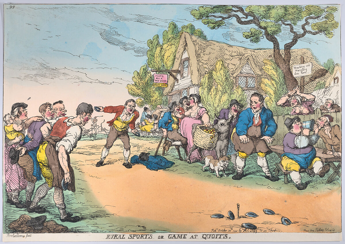Rural Sports or Game at Quoits, Thomas Rowlandson (British, London 1757–1827 London), Hand-colored etching 