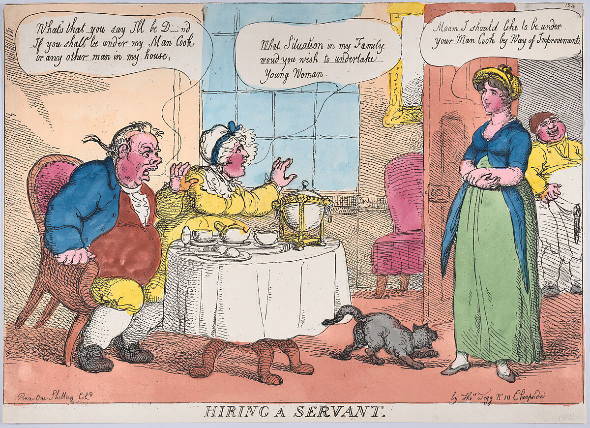 Hiring a Servant, Thomas Rowlandson (British, London 1757–1827 London), Hand-colored etching 