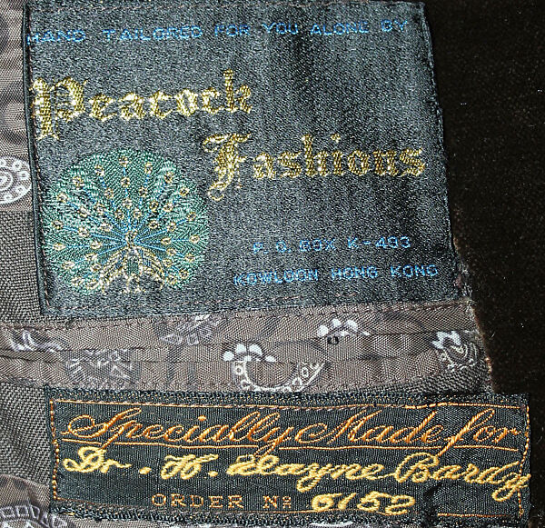 Evening suit, Peacock Fashions, synthetic fiber, wool, American or European