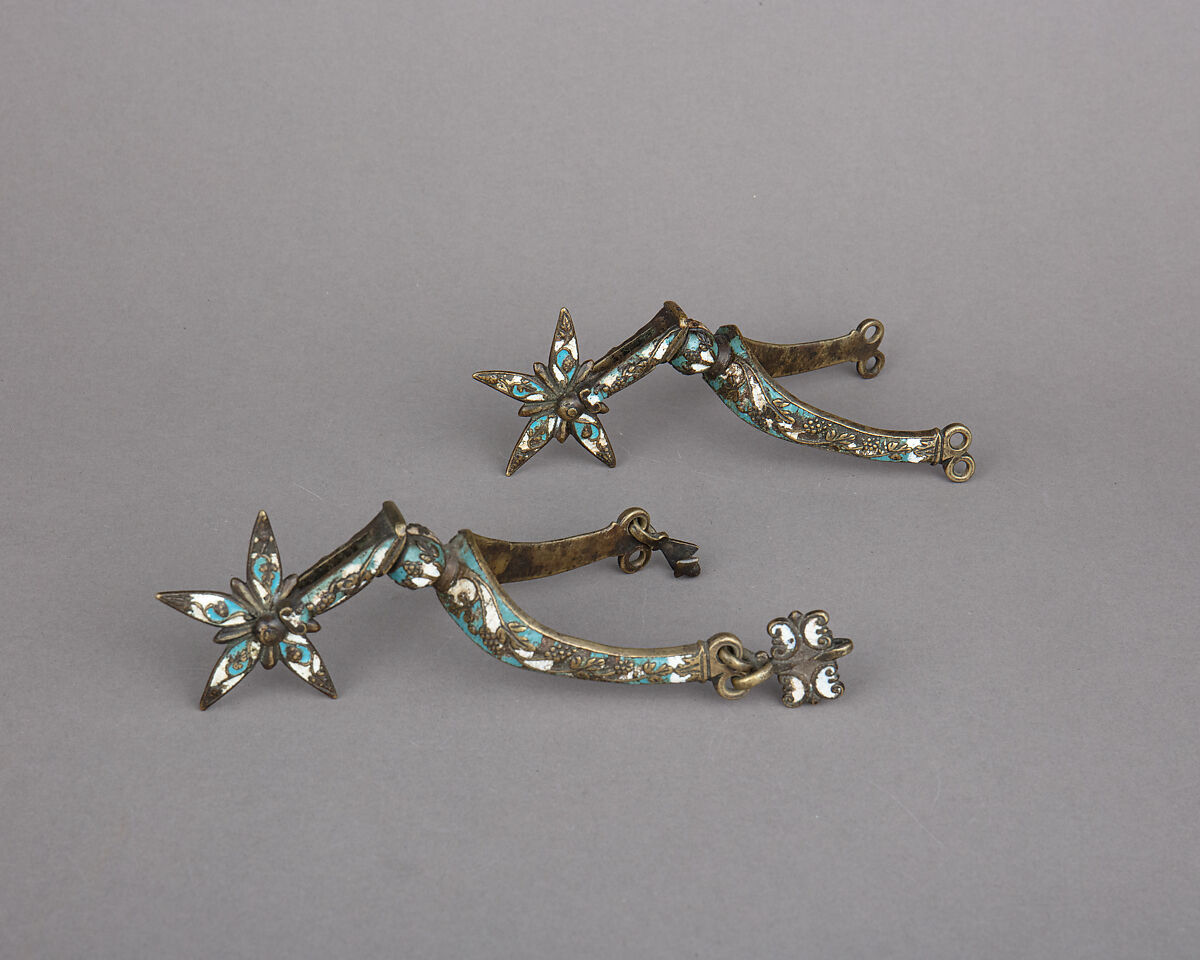 Pair of Rowel Spurs, Stephen Pilcherd (British, London, active 1625–d. 1670), Brass, enamel, British, London 