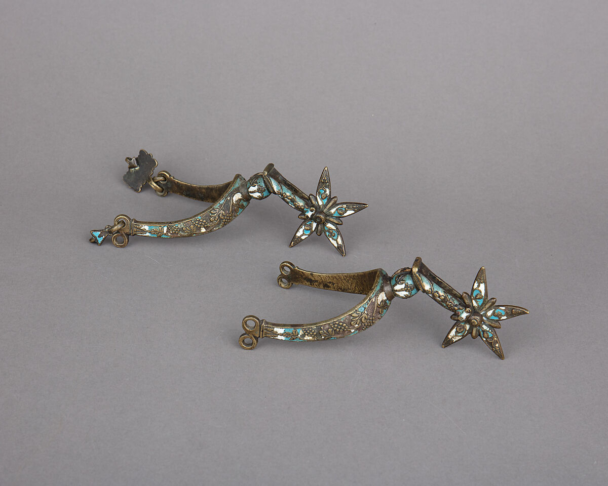 Pair of Rowel Spurs, Stephen Pilcherd (British, London, active 1625–d. 1670), Brass, enamel, British, London