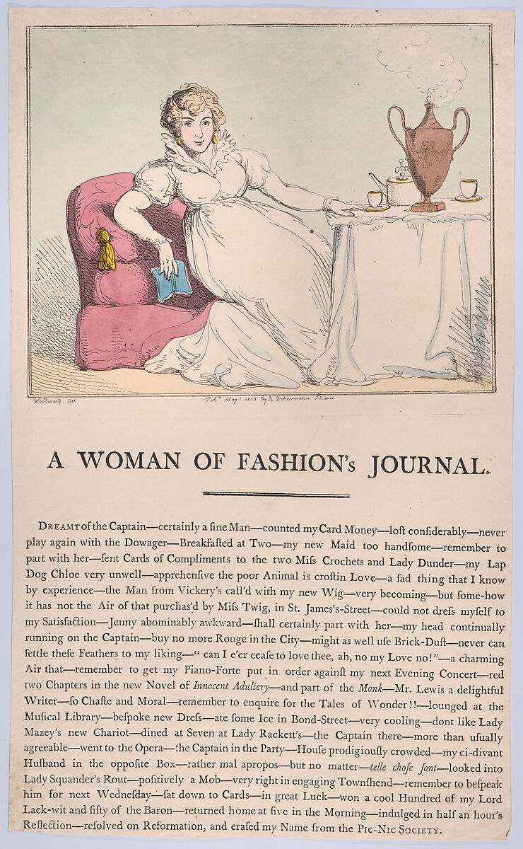A Woman of Fashion's Journal, Thomas Rowlandson (British, London 1757–1827 London), Hand-colored etching and letterpress 