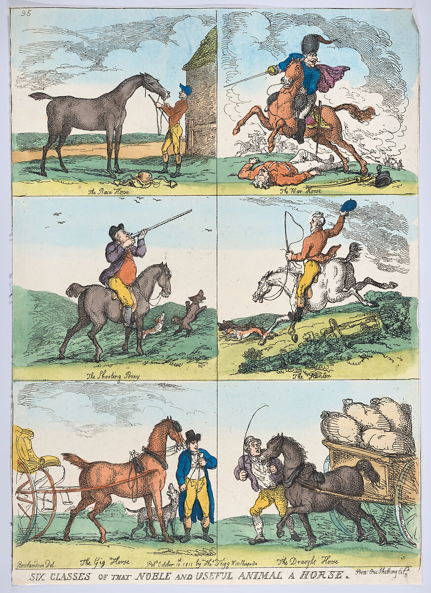Six Classes of the Noble and Useful Animal a Horse, Thomas Rowlandson (British, London 1757–1827 London), Hand-colored etching 