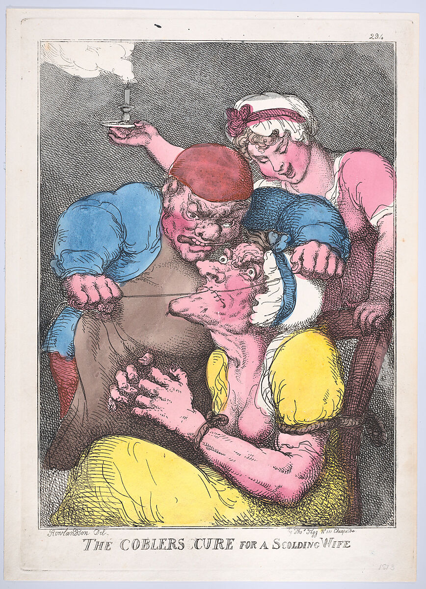 The Cobbler's Cure for a Scolding Wife, Thomas Rowlandson (British, London 1757–1827 London), Hand-colored etching 