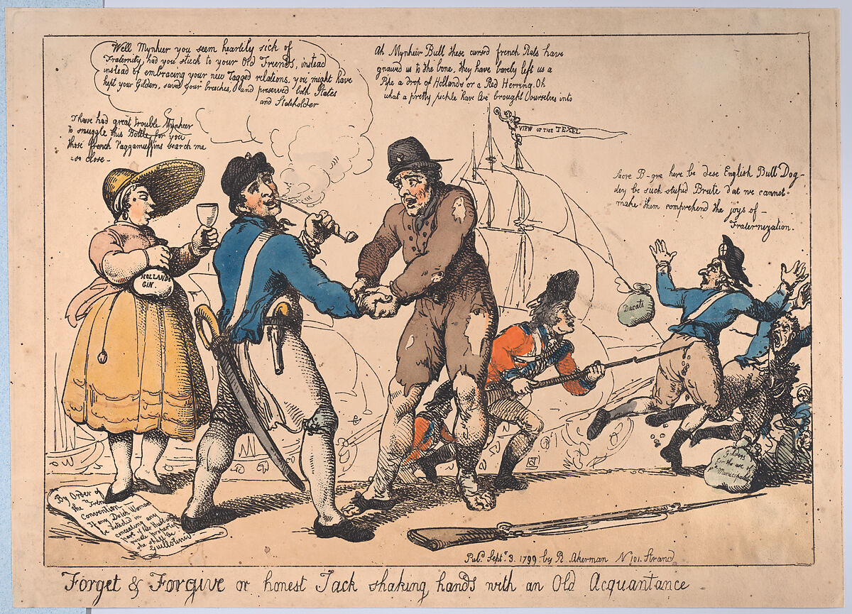 Forget & Forgive, or Honest Jack Shaking Hands with and Old Acquaintance, Thomas Rowlandson (British, London 1757–1827 London), Hand-colored etching 