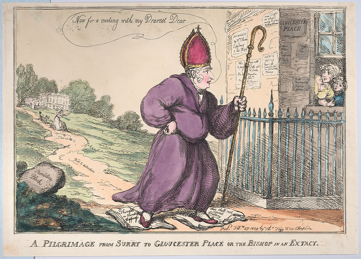 A Pilgrimage from Surry to Gloucester Place or the Bishop is an Extacty, Thomas Rowlandson (British, London 1757–1827 London), Hand-colored etching 