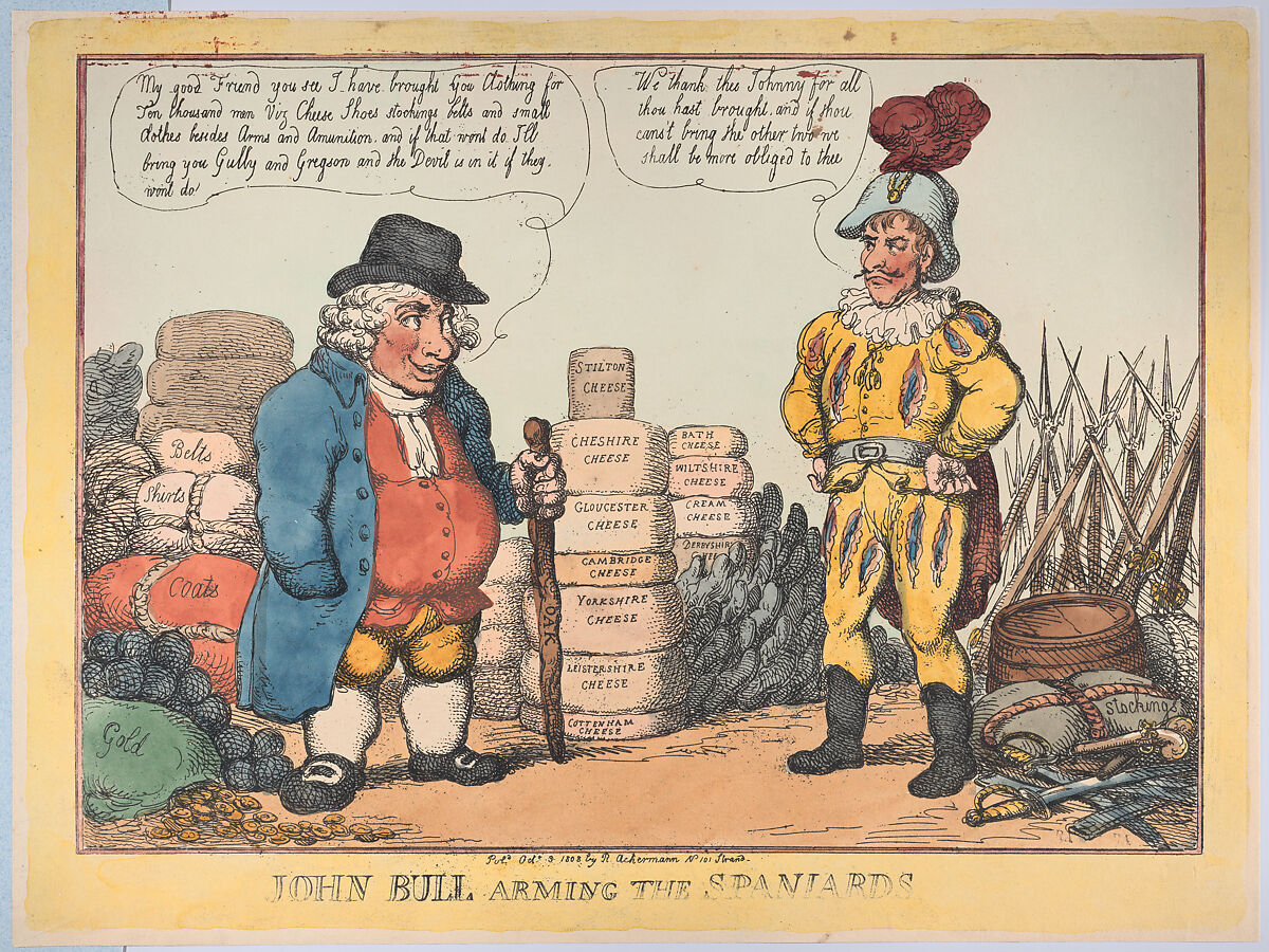 John Bull Arming The Spaniards, Thomas Rowlandson (British, London 1757–1827 London), Hand-colored etching 