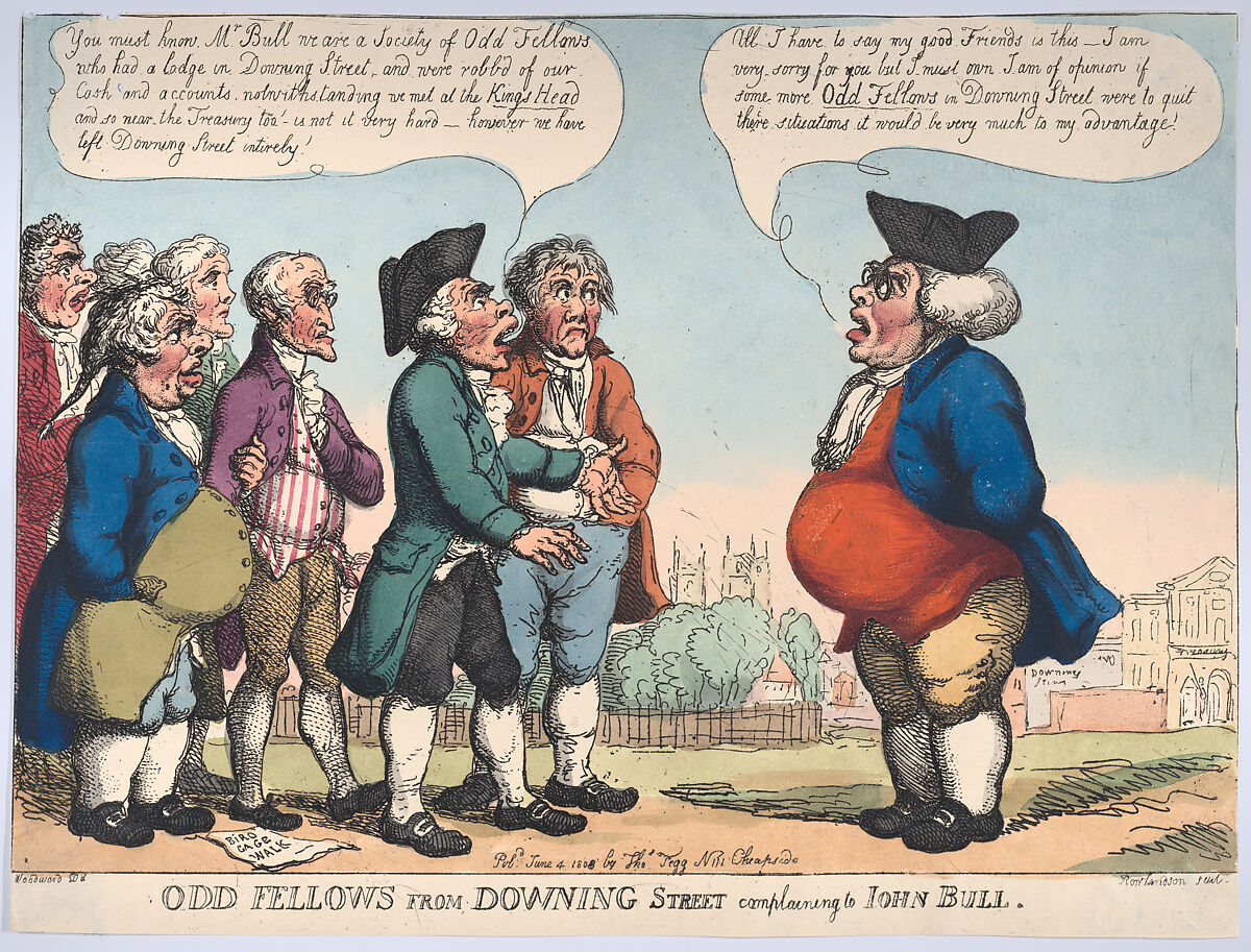 Odd Fellows from Downing Street Complaining to John Bull, Thomas Rowlandson (British, London 1757–1827 London), Hand-colored etching 