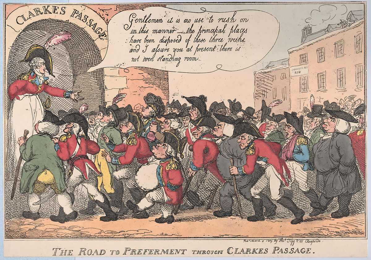 The Road to Preferment Through Clarke's Passage, Thomas Rowlandson (British, London 1757–1827 London), Hand-colored etching 