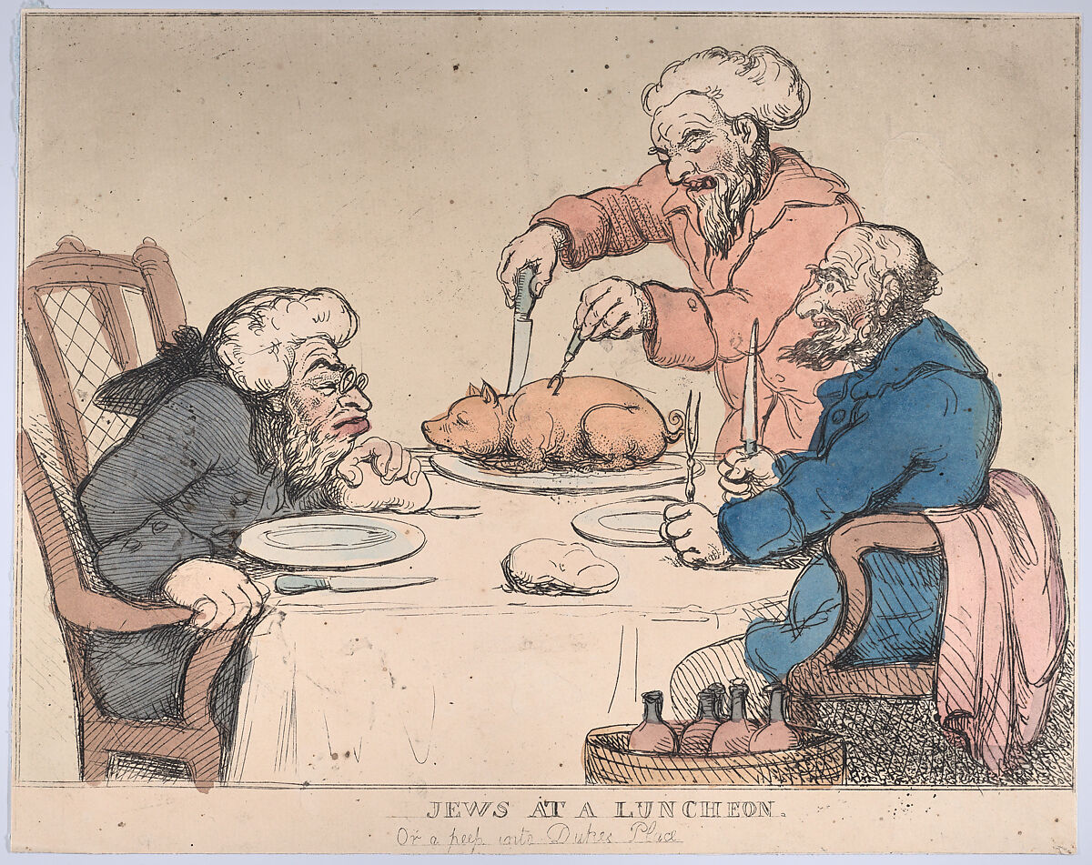 Jews at a Luncheon, Thomas Rowlandson (British, London 1757–1827 London), Hand-colored etching 