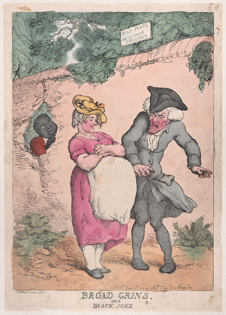 Broad Grins, or a Black Joke, Thomas Rowlandson (British, London 1757–1827 London), Hand-colored etching 