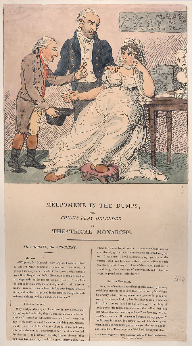 Melpomene in the Dumps, or Child's Play Defended by Theatrical Monarchs, Thomas Rowlandson (British, London 1757–1827 London), Hand-colored etching and letterpress 
