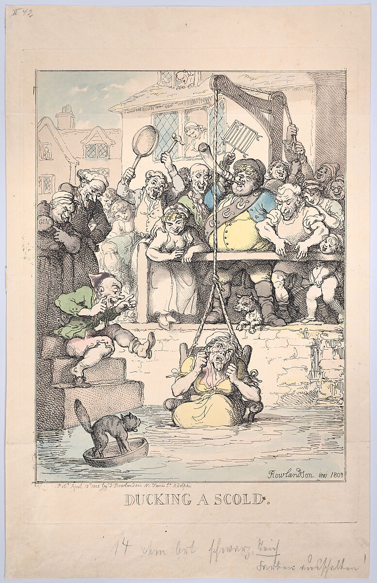 Ducking a Scold, Thomas Rowlandson (British, London 1757–1827 London), Hand-colored etching 