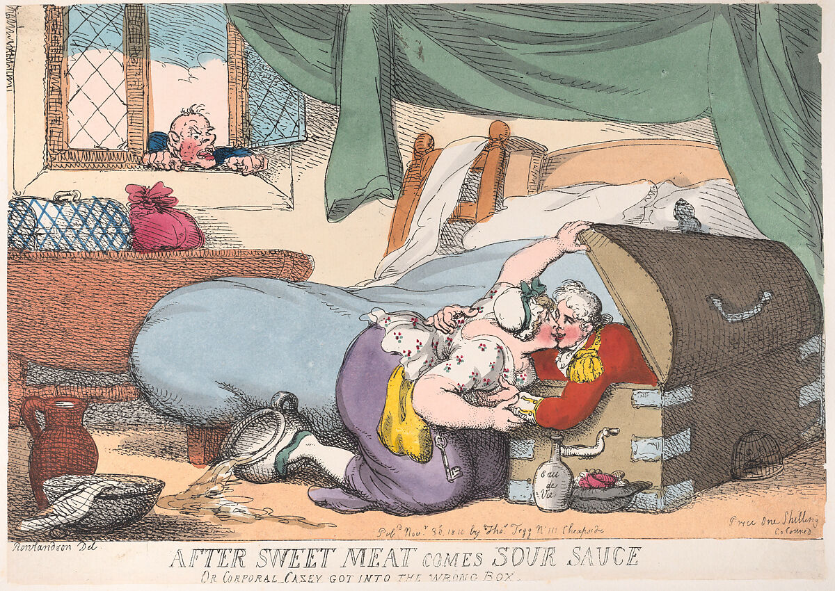 After Sweet Meat Comes Sour Sauce, or Corporal Casey Got into the Wrong Box, Thomas Rowlandson (British, London 1757–1827 London), Hand-colored etching 