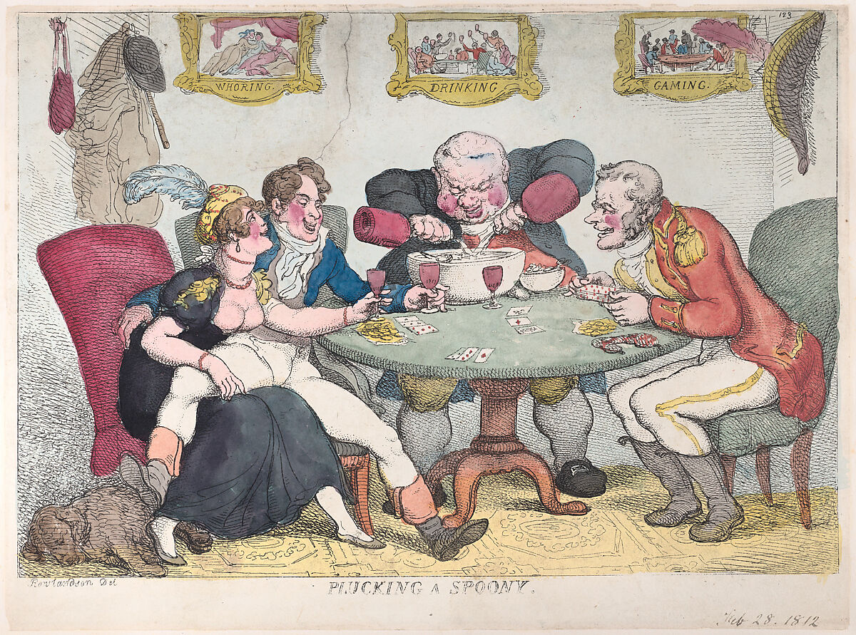 Plucking a Spoony, Thomas Rowlandson (British, London 1757–1827 London), Hand-colored etching 