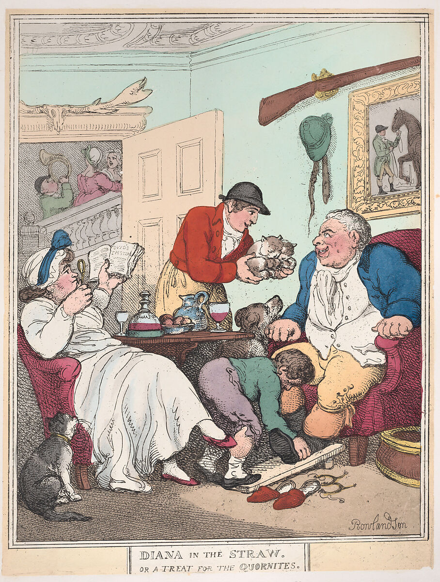 Diana in the Straw, or A Treat for Quornites, Thomas Rowlandson (British, London 1757–1827 London), Hand-colored etching 