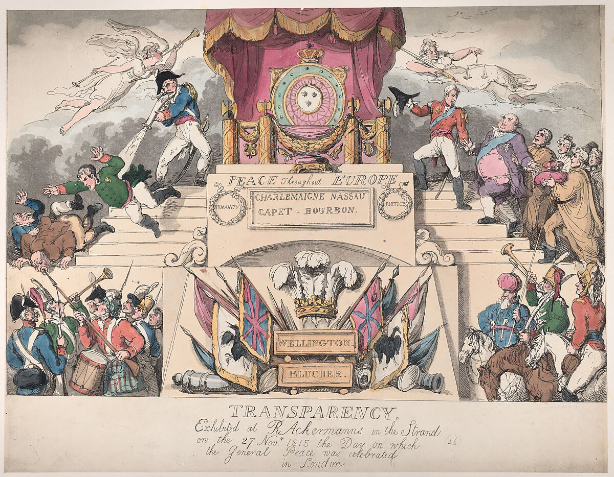 Transparency: Exhibited at R. Ackermann's in the Strand on the 27th November 1815, the Day on which the General Peace was Celebrated in London, Thomas Rowlandson (British, London 1757–1827 London), Hand-colored etching 