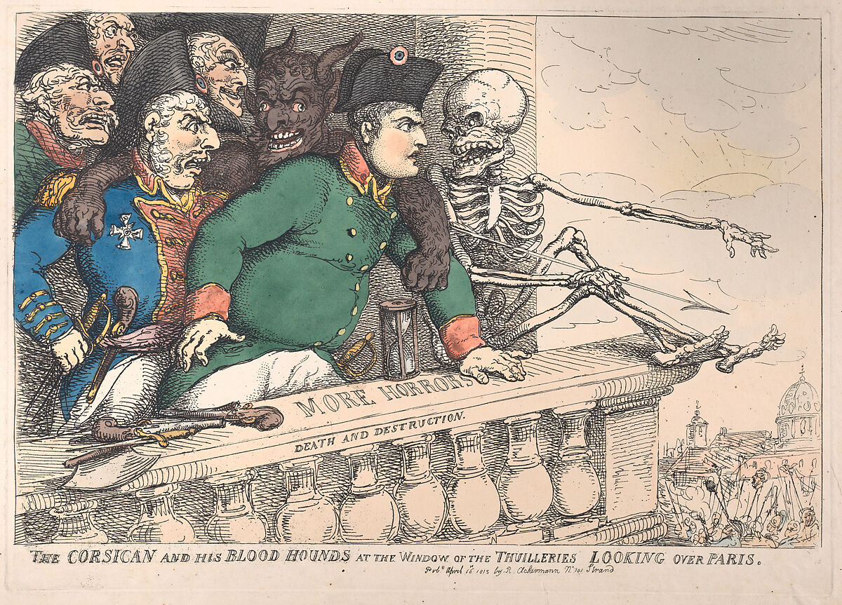 The Corsican and His Bloodhounds at the Window of the Thuilleries Looking Over Paris, Thomas Rowlandson (British, London 1757–1827 London), Hand-colored etching 