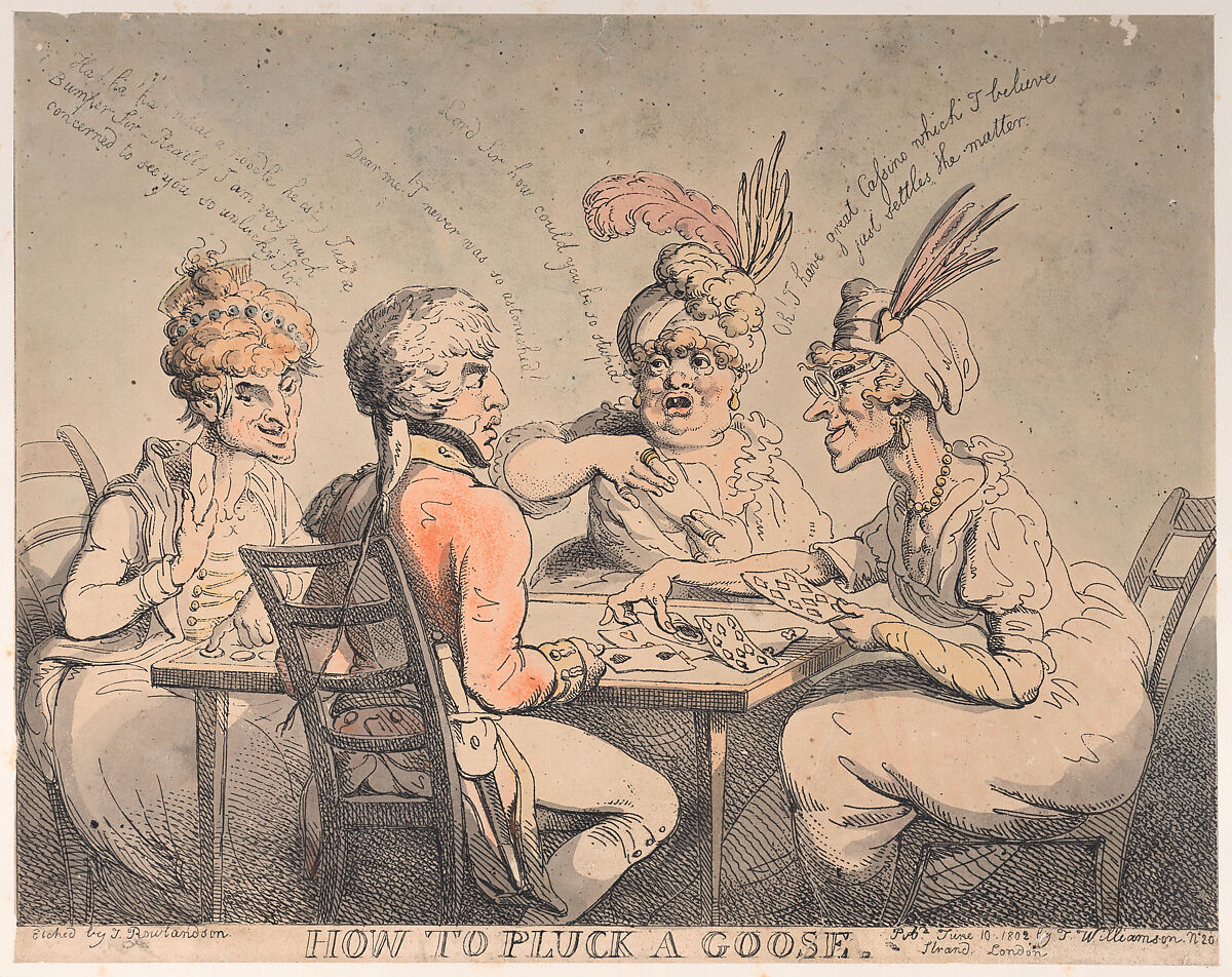 How to Pluck a Goose, Thomas Rowlandson (British, London 1757–1827 London), Hand-colored etching 