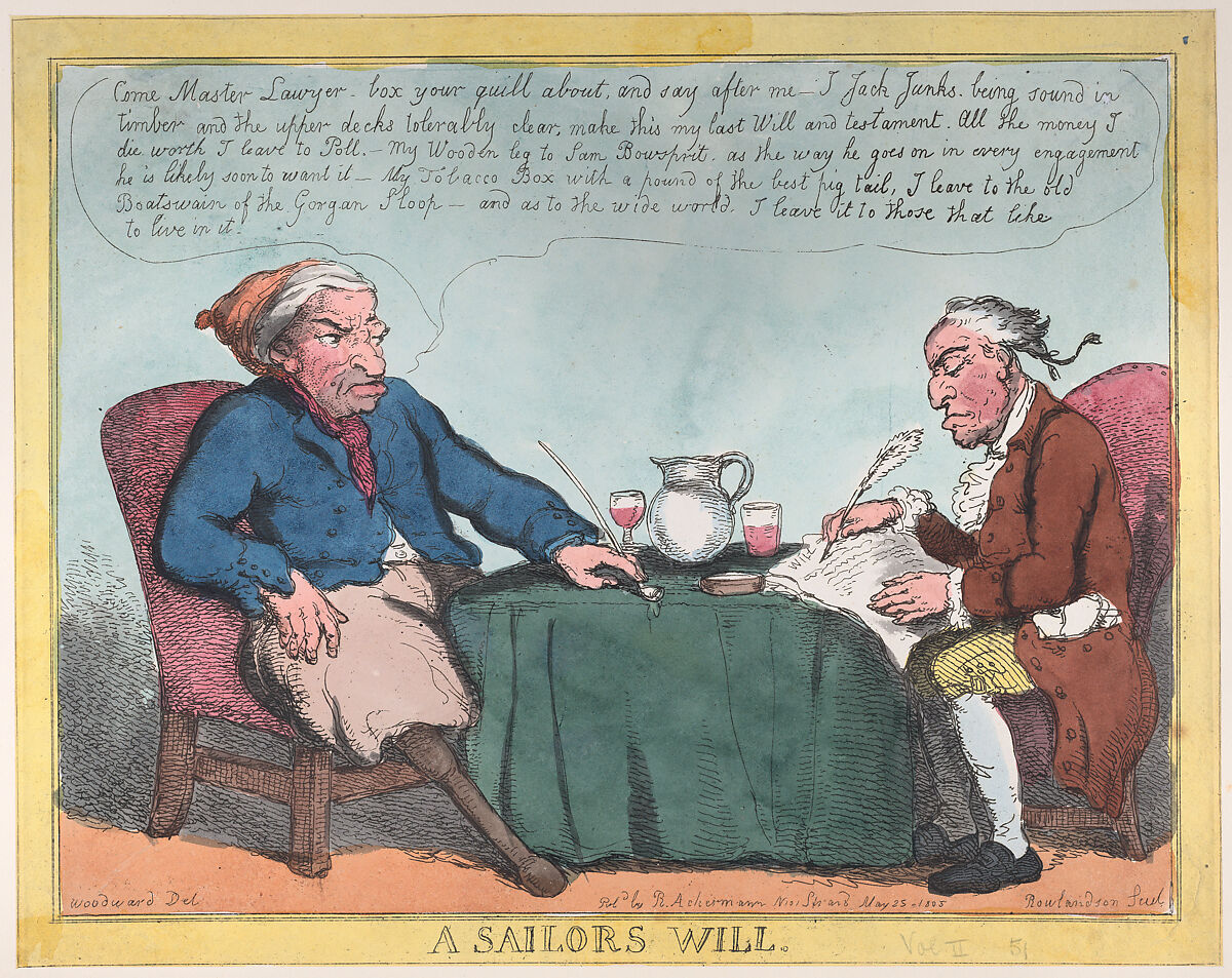 A Sailor's Will, Thomas Rowlandson (British, London 1757–1827 London), Hand-colored etching 
