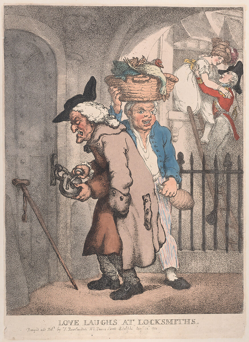 Love Laughs at Locksmiths, Thomas Rowlandson (British, London 1757–1827 London), Hand-colored etching 