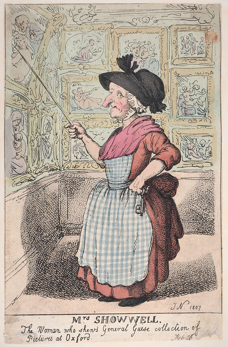 Mrs. Showell, the Woman who shows General Guise's Collection of Pictures at Oxford, Thomas Rowlandson (British, London 1757–1827 London), Hand-colored etching 