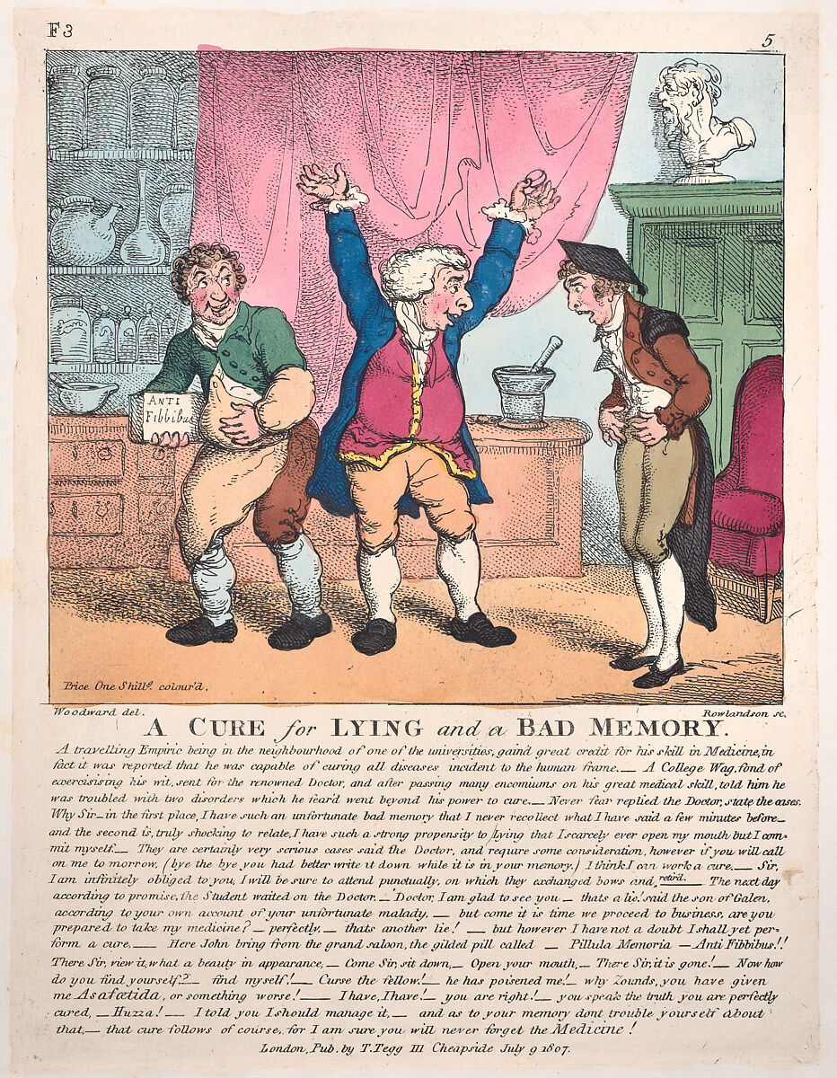 A Cure for Lying and a Bad Memory, Thomas Rowlandson (British, London 1757–1827 London), Hand-colored etching 