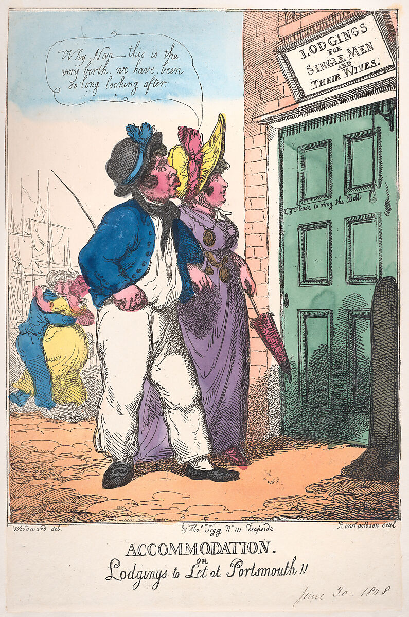 Accommodation, or Lodgings to Let at Portsmouth!!, Thomas Rowlandson (British, London 1757–1827 London), Hand-colored etching 