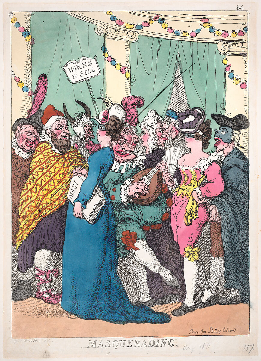 Masquerading, Thomas Rowlandson (British, London 1757–1827 London), Hand-colored etching 