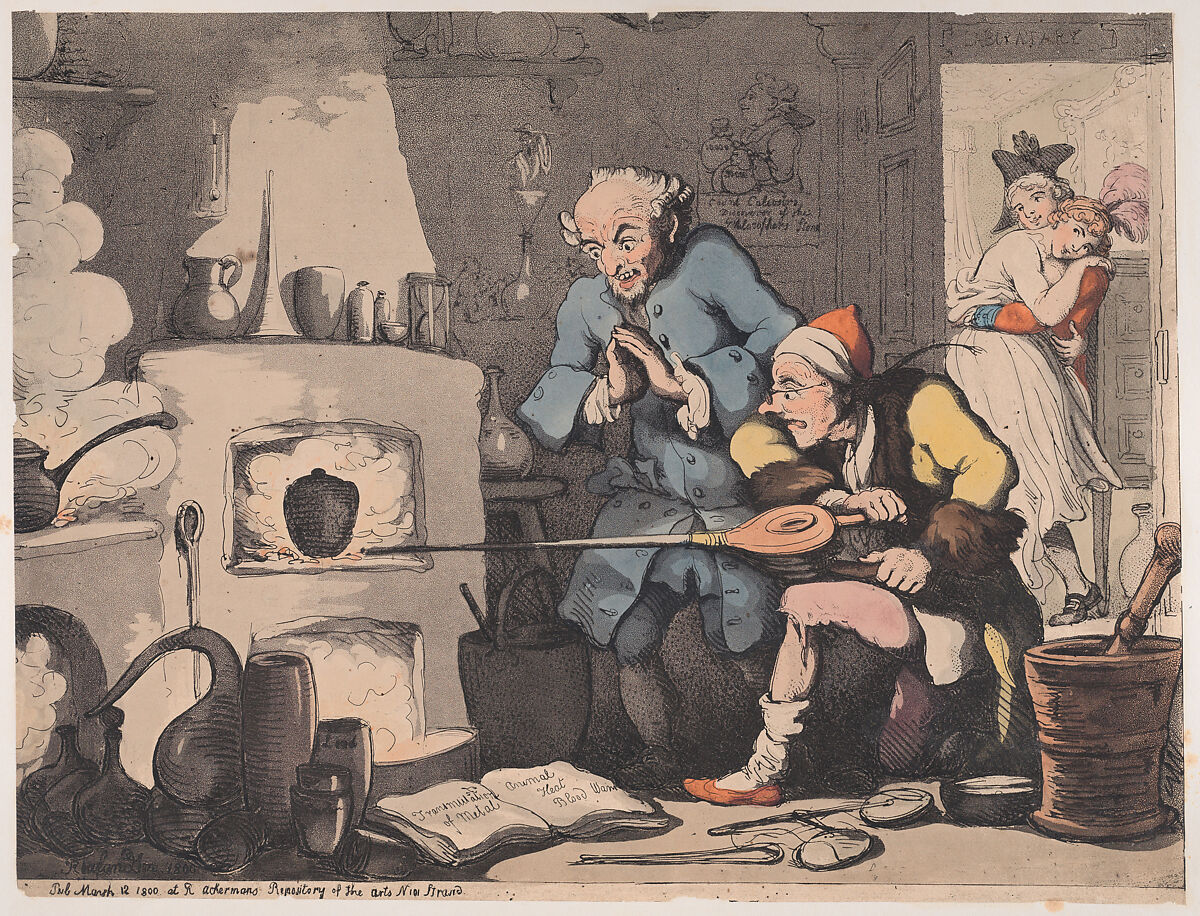 Hocus Pocus, or Searching for the Philsopher's Stone, Thomas Rowlandson (British, London 1757–1827 London), Hand-colored etching and aquatint 
