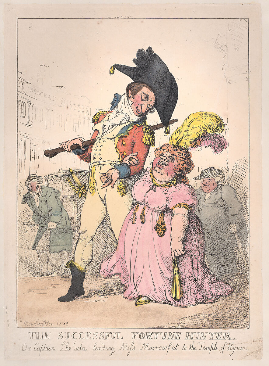 The Successful Fortune Hunter, or Captain Shelalee Leading Miss Marrowfat to the Temple of Hymen, Thomas Rowlandson (British, London 1757–1827 London), Hand-colored etching 