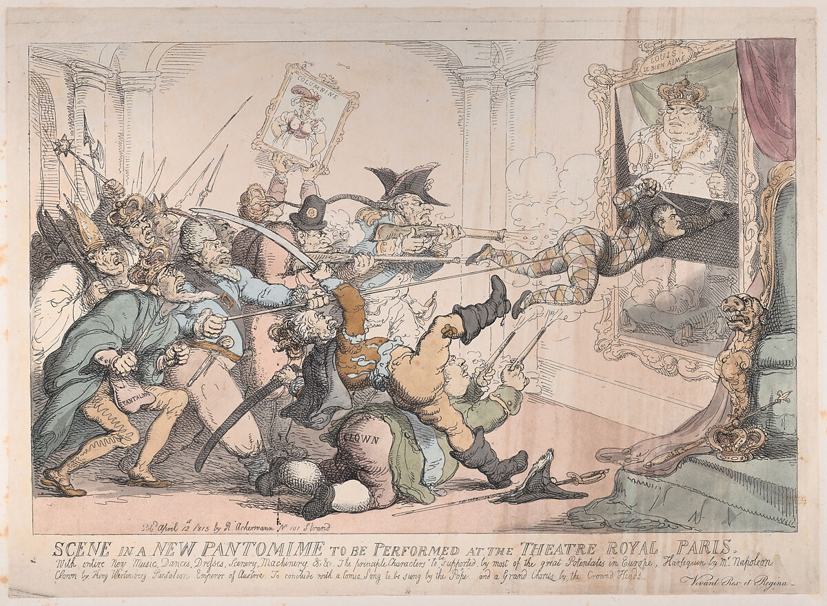 Scene in a New Pantomime to be Performed at the Theatre Royal Paris, Thomas Rowlandson (British, London 1757–1827 London), Hand-colored etching 