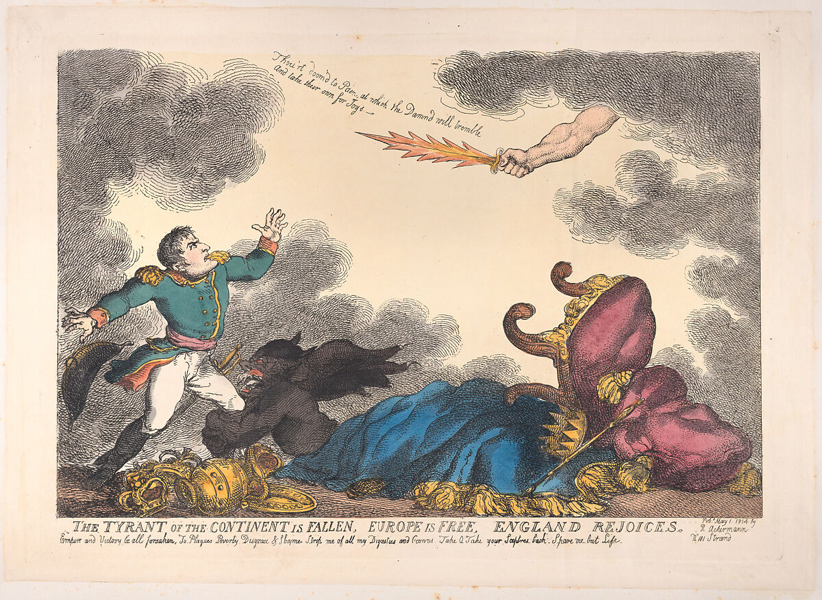 The Tyrant of the Continent is Fallen, Europe is Free, England Rejoices, Thomas Rowlandson (British, London 1757–1827 London), Hand-colored etching 