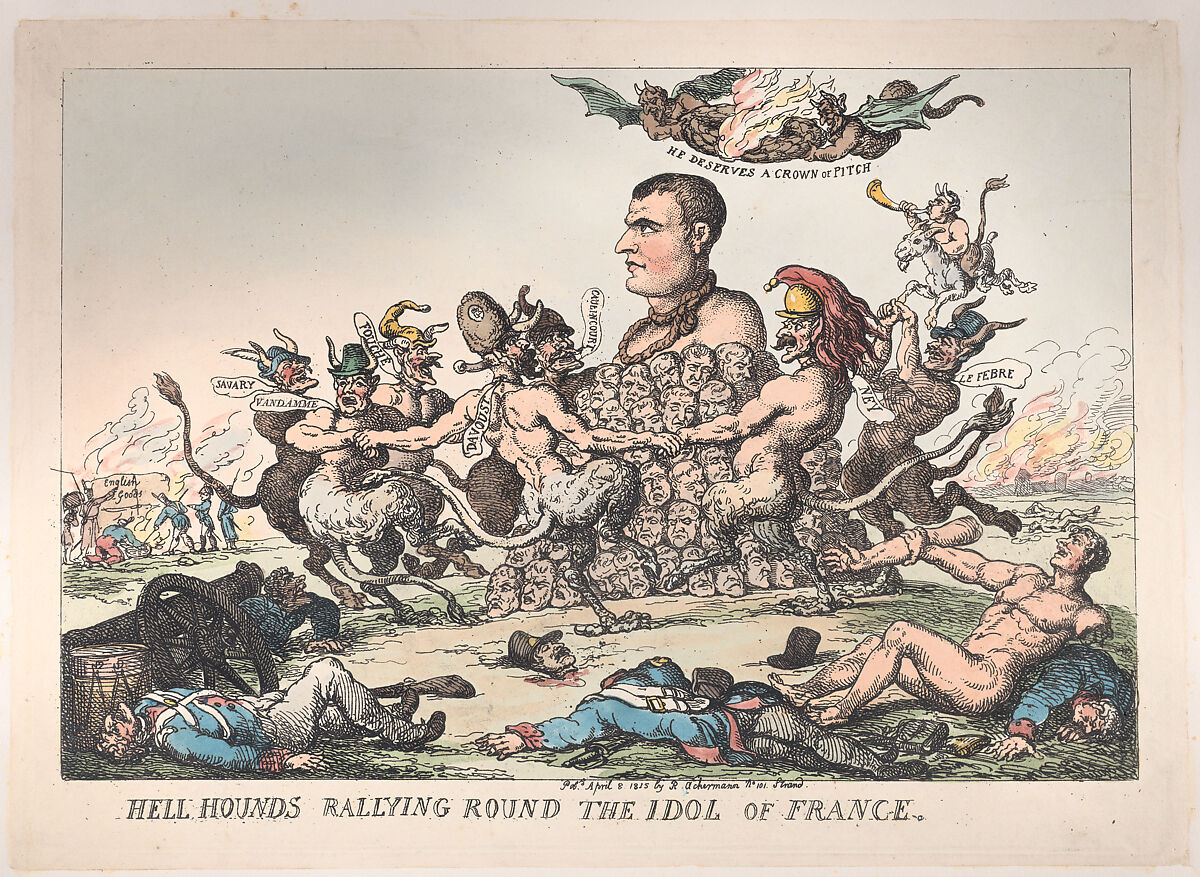 Hell Hounds Rallying Round the Idol of France, Thomas Rowlandson (British, London 1757–1827 London), Hand-colored etching 