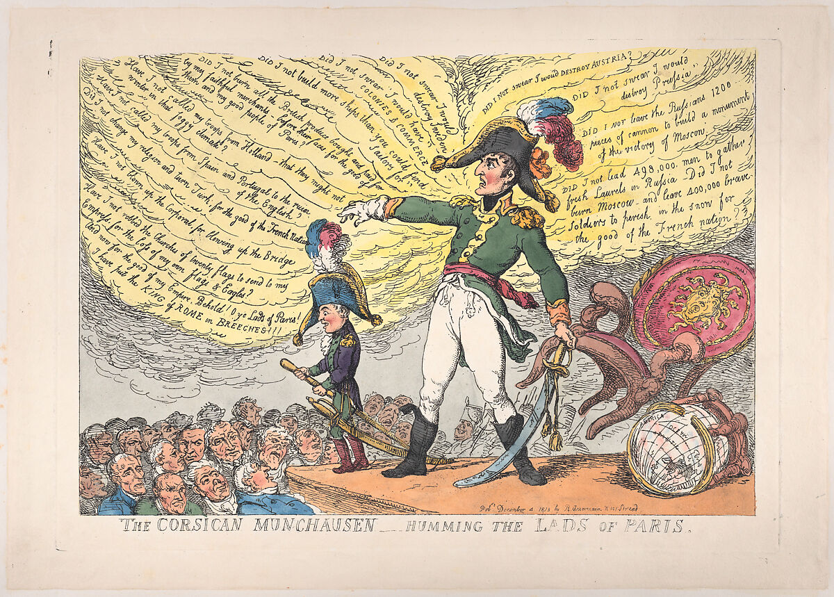 The Corsican Munchausen – Humming the Lads of Paris, Thomas Rowlandson (British, London 1757–1827 London), Hand-colored etching 