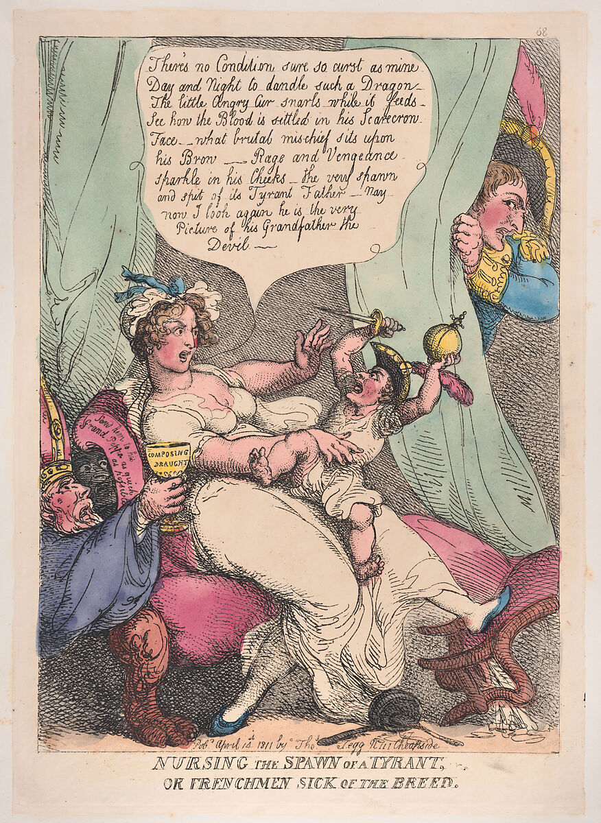 Nursing the Spawn of a Tyrant, Thomas Rowlandson (British, London 1757–1827 London), Hand-colored etching 