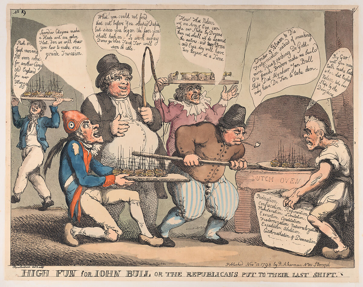 High Fun for John Bull, or the Republicans Put to their Last Shift, Thomas Rowlandson (British, London 1757–1827 London), Hand-colored etching and aquatint 