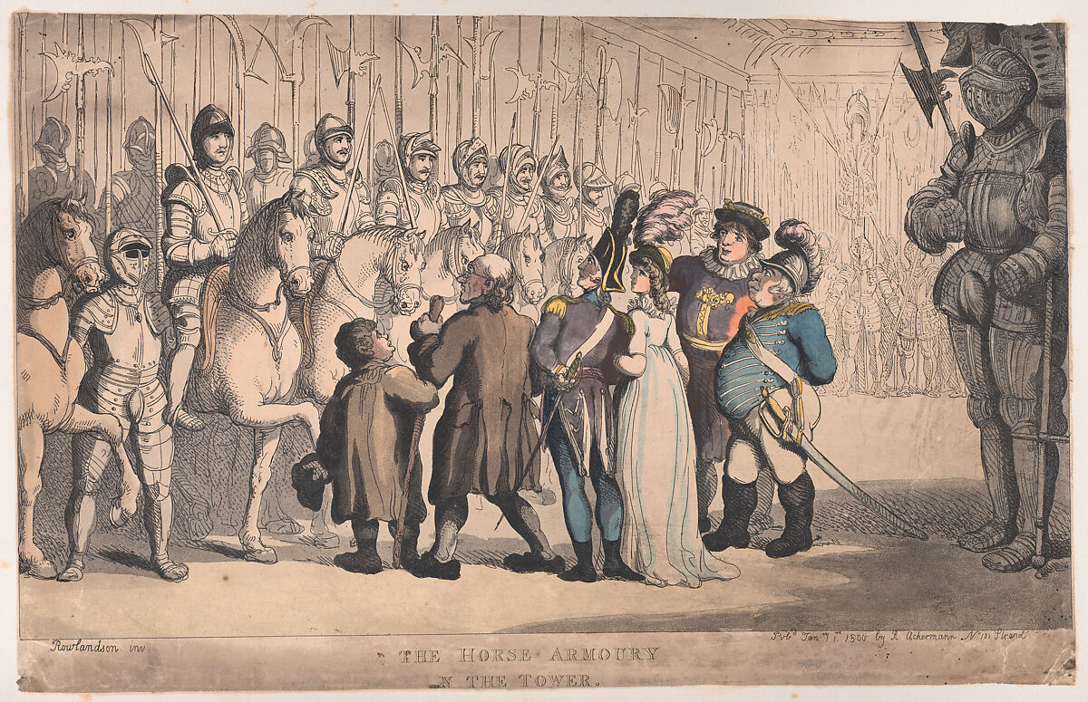 The Horse Armoury in the Tower, Thomas Rowlandson (British, London 1757–1827 London), Hand-colored etching 