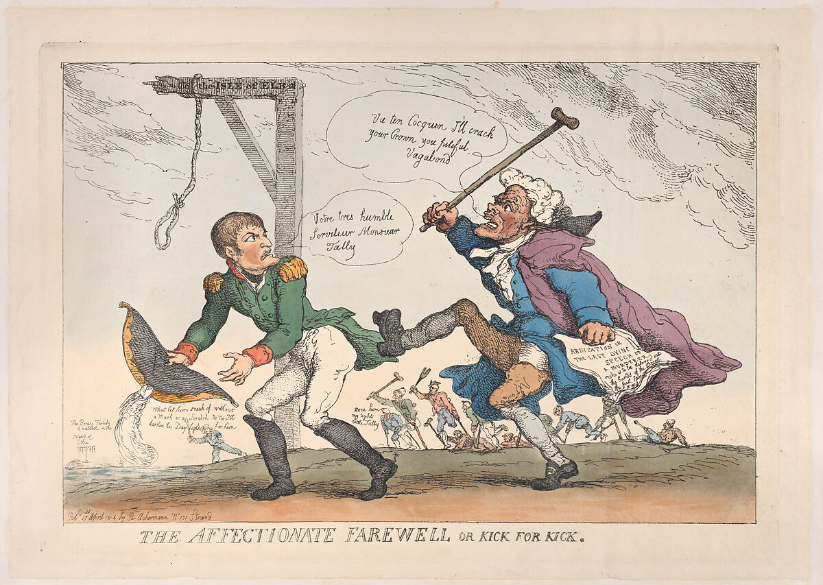 The Affectionate Farewell, or Kick for Kick, Thomas Rowlandson (British, London 1757–1827 London), Hand-colored etching 
