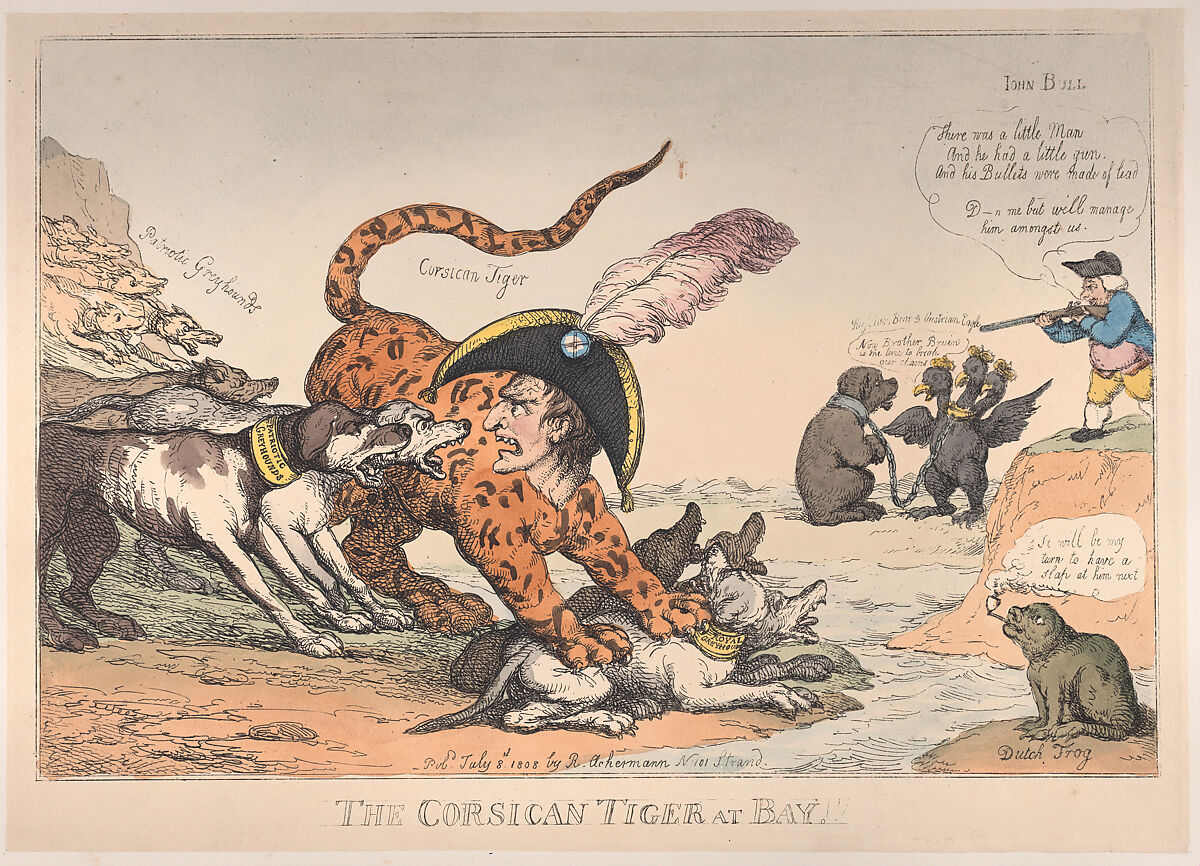 The Corsican Tiger at Bay!, Thomas Rowlandson (British, London 1757–1827 London), Hand-colored etching 