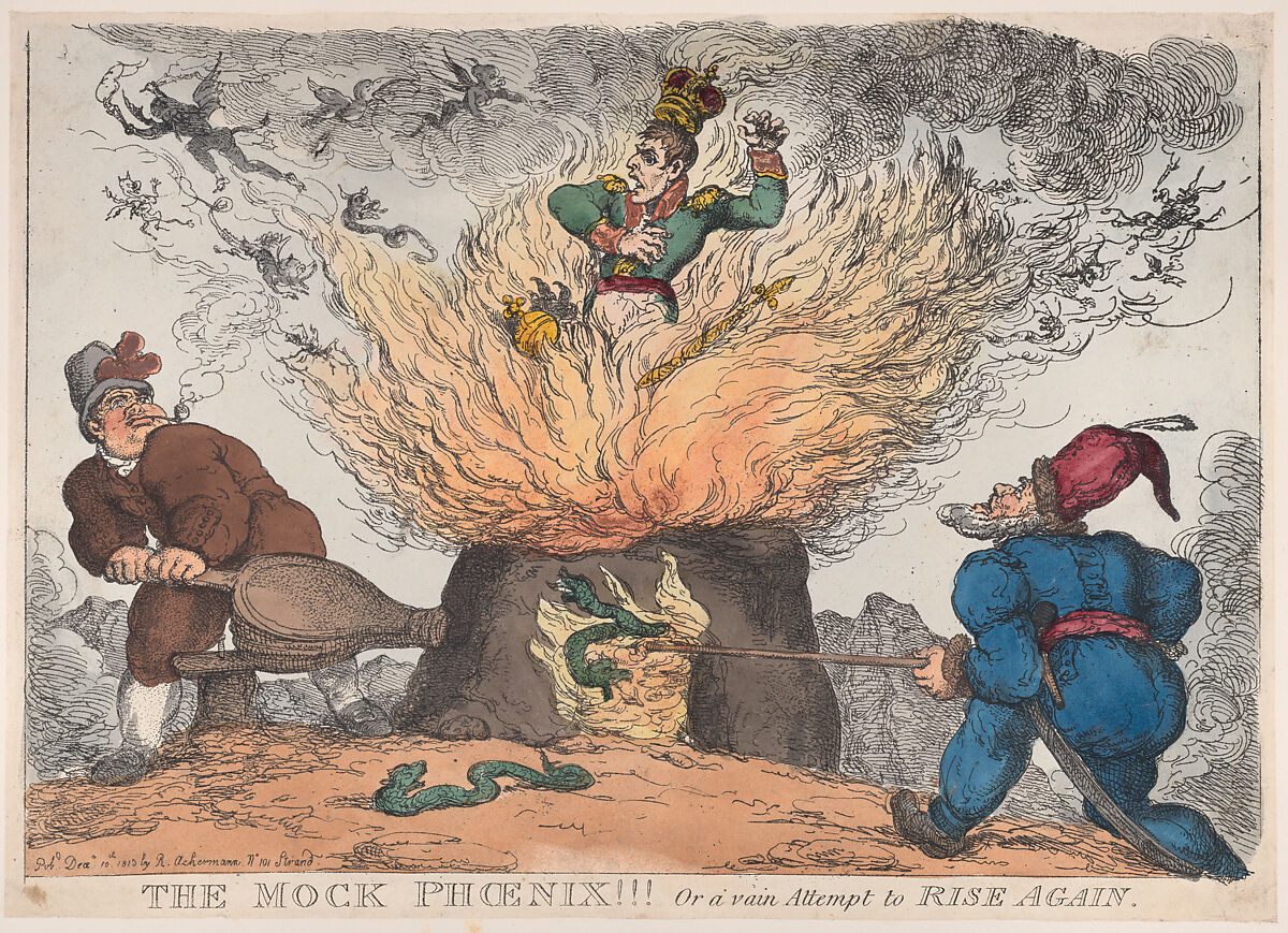 The Mock Phoenix!!! Or a Vain Attempt to Rise Again, Thomas Rowlandson (British, London 1757–1827 London), Hand-colored etching 