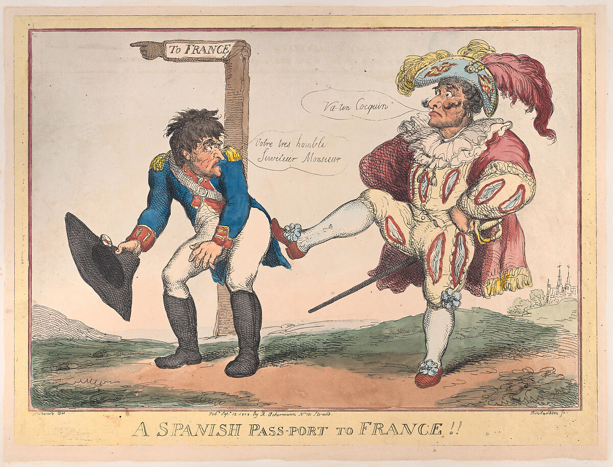 A Spanish Pass-Port to France!!, Thomas Rowlandson (British, London 1757–1827 London), Hand-colored etching 