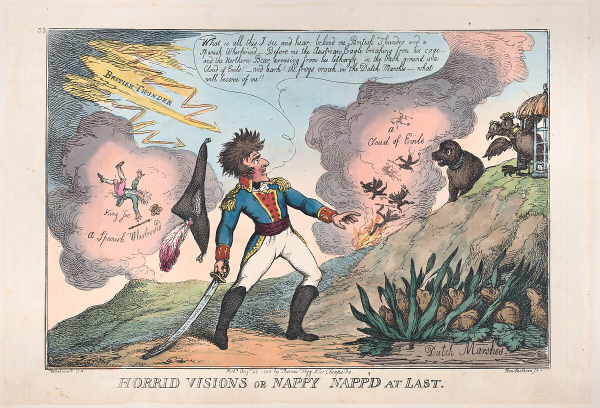 Horrid Visions of Nappy Napp'd at Last, Thomas Rowlandson (British, London 1757–1827 London), Hand-colored etching 