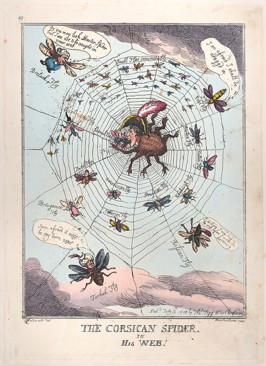 The Corsican Spider in His Web!, Thomas Rowlandson (British, London 1757–1827 London), Hand-colored etching 