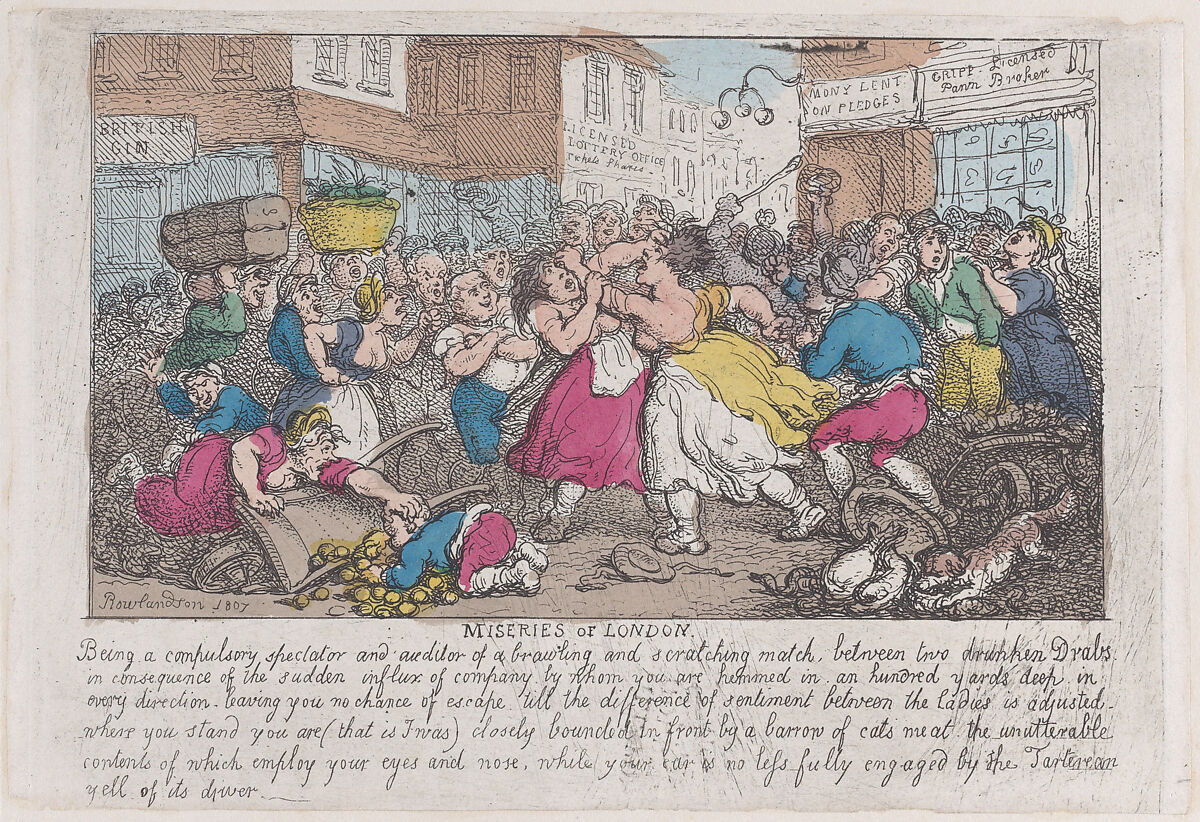 Miseries of London, Thomas Rowlandson (British, London 1757–1827 London), Hand-colored etching 